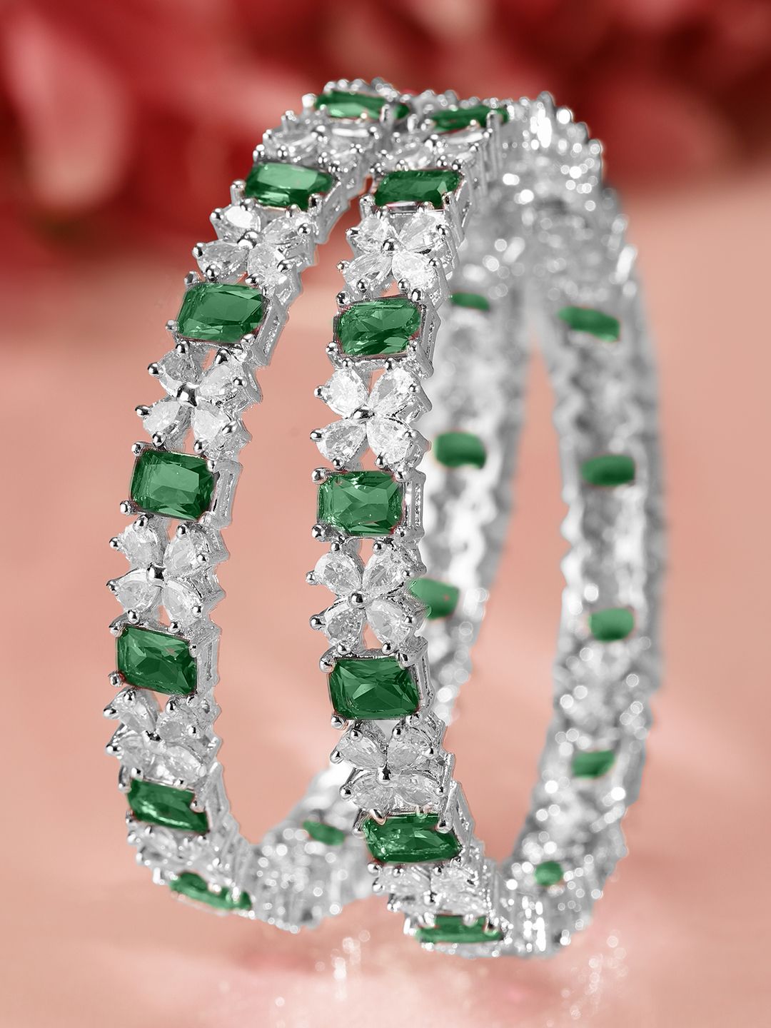 Rubans Set of 2 Rhodium-Plated Emerald Green & Cubic Zirconia Studded Bangles
