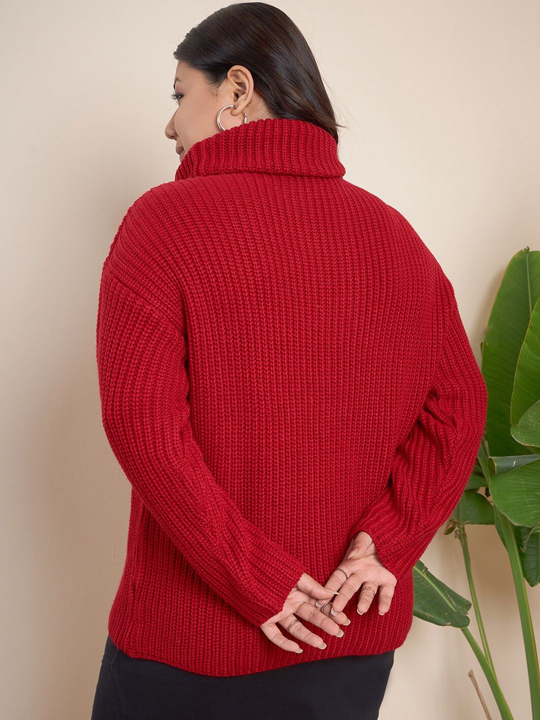 CURVY STREET Plus Size Ribbed Turtle Neck Pure Acrylic Pullover