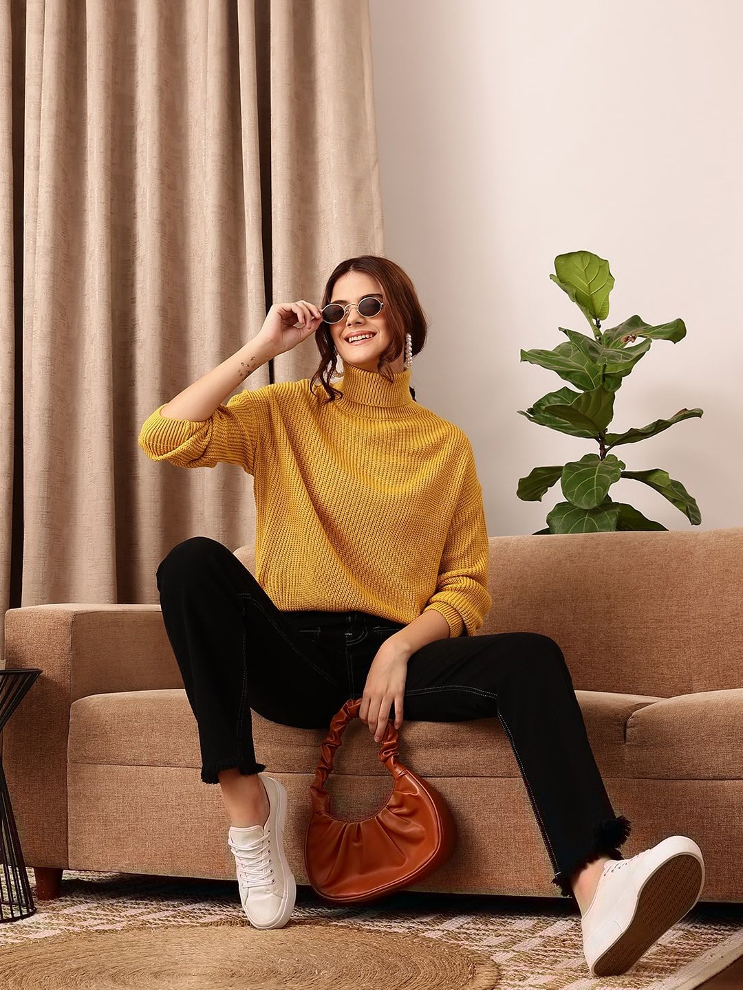 STREET 9 Self Design High Neck Long Sleeve Acrylic Cable Knit Pullover Sweaters