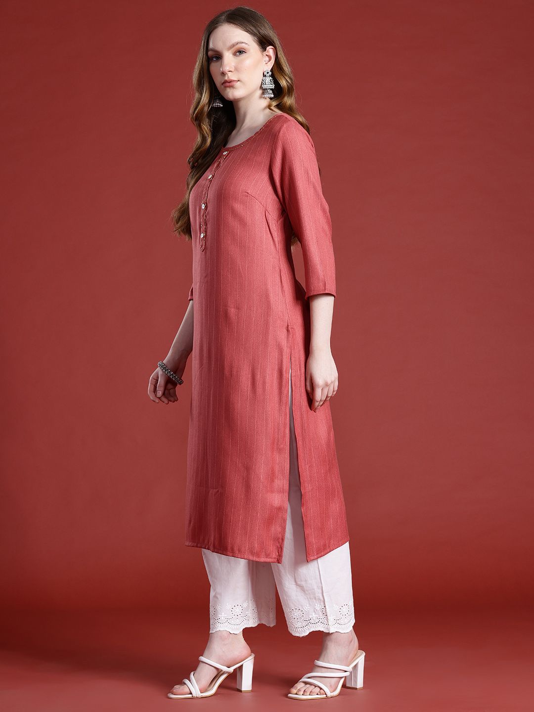 Anouk Striped Sequined Straight Kurta