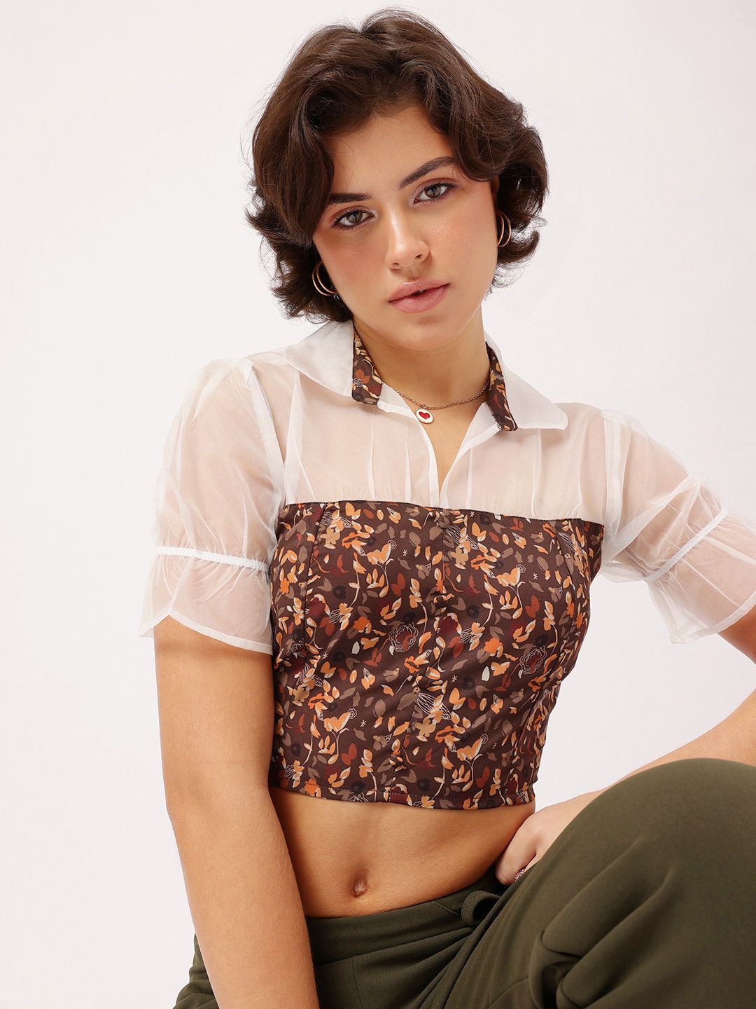 DressBerry Chic-Contrast Printed Shirt Style Net Detail Crop Top