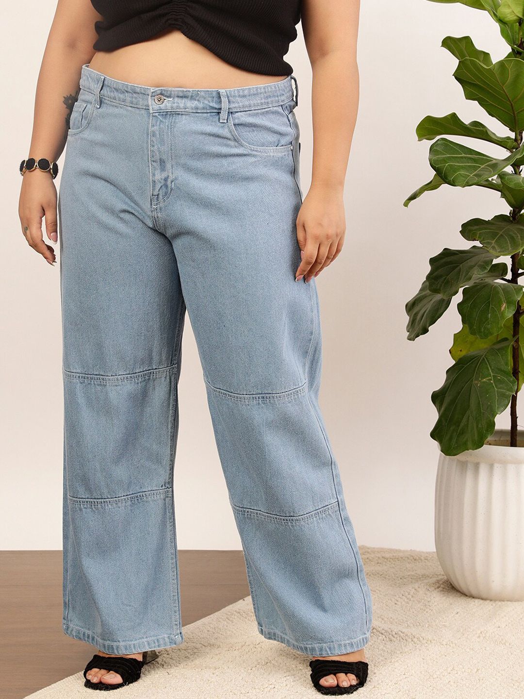 CURVY STREET Women Plus Size Blue Mid-Rise Clean Look Pure Cotton Wide Leg Jeans