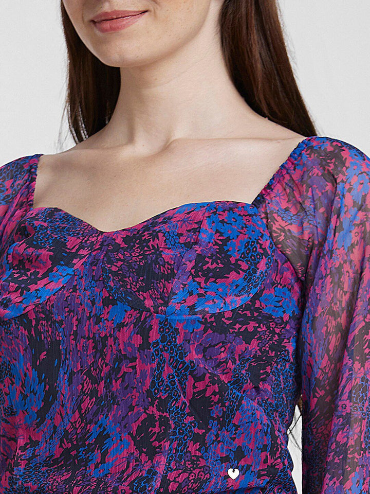 SPYKAR Abstract Printed Sweetheart Neck Bell Sleeves Cotton Crop Top