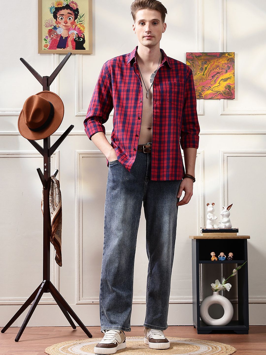 Eszett Checked Spread Collar Pure Cotton Casual Shirt