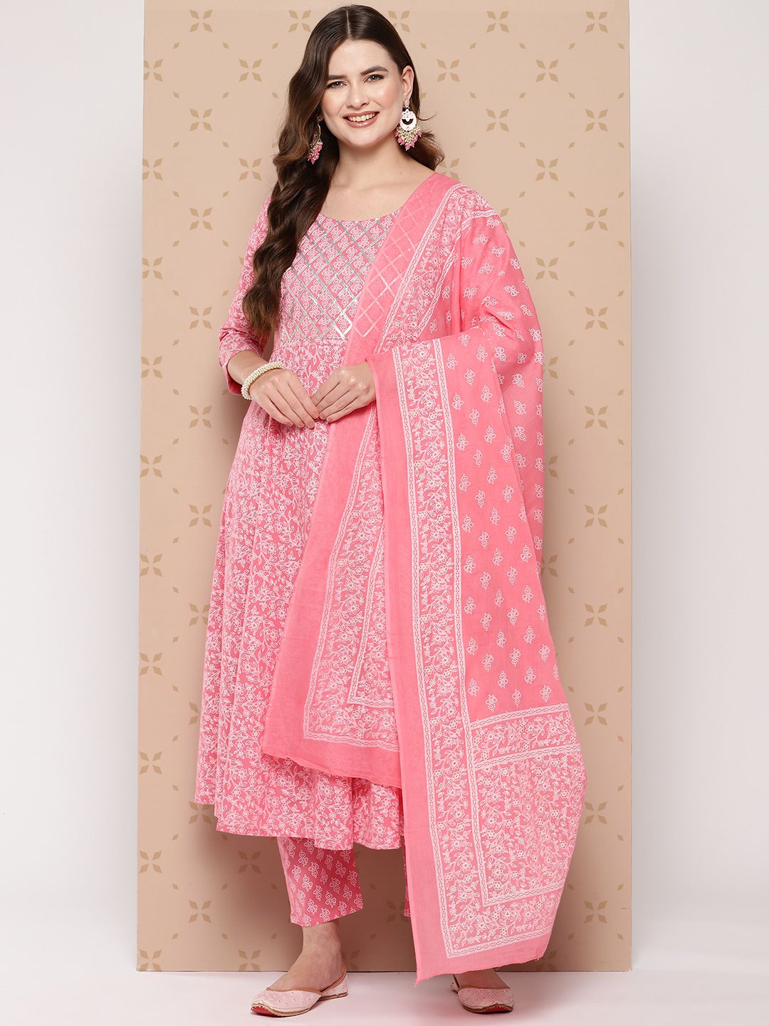 KALINI Pure Cotton Ethnic Motifs Printed Anarkali Kurta With Trousers & With Dupatta