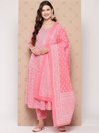 KALINI Pure Cotton Ethnic Motifs Printed Anarkali Kurta With Trousers & With Dupatta