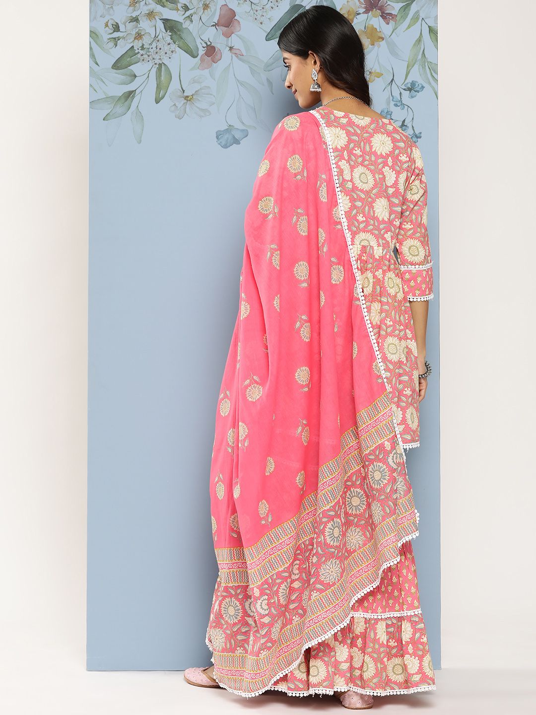Libas Women Floral Printed Empire Pure Cotton Kurti With Sharara & With Dupatta