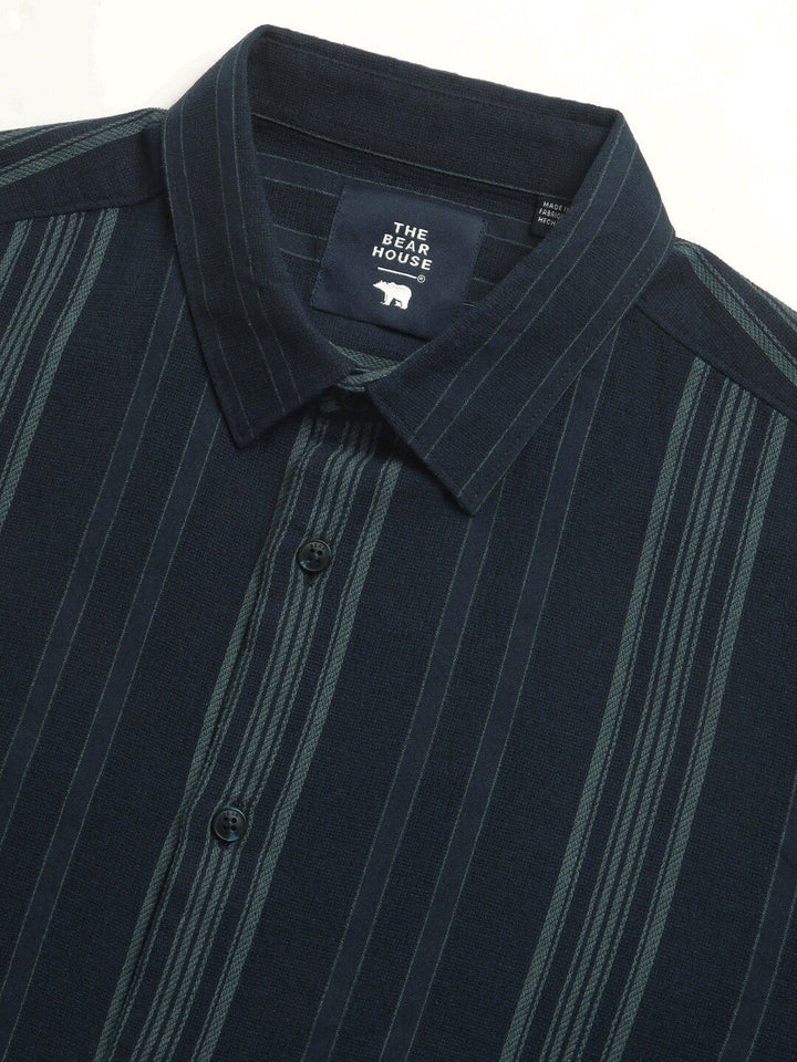 THE BEAR HOUSE Vertical Striped Slim Fit Twill Cotton Casual Shirt