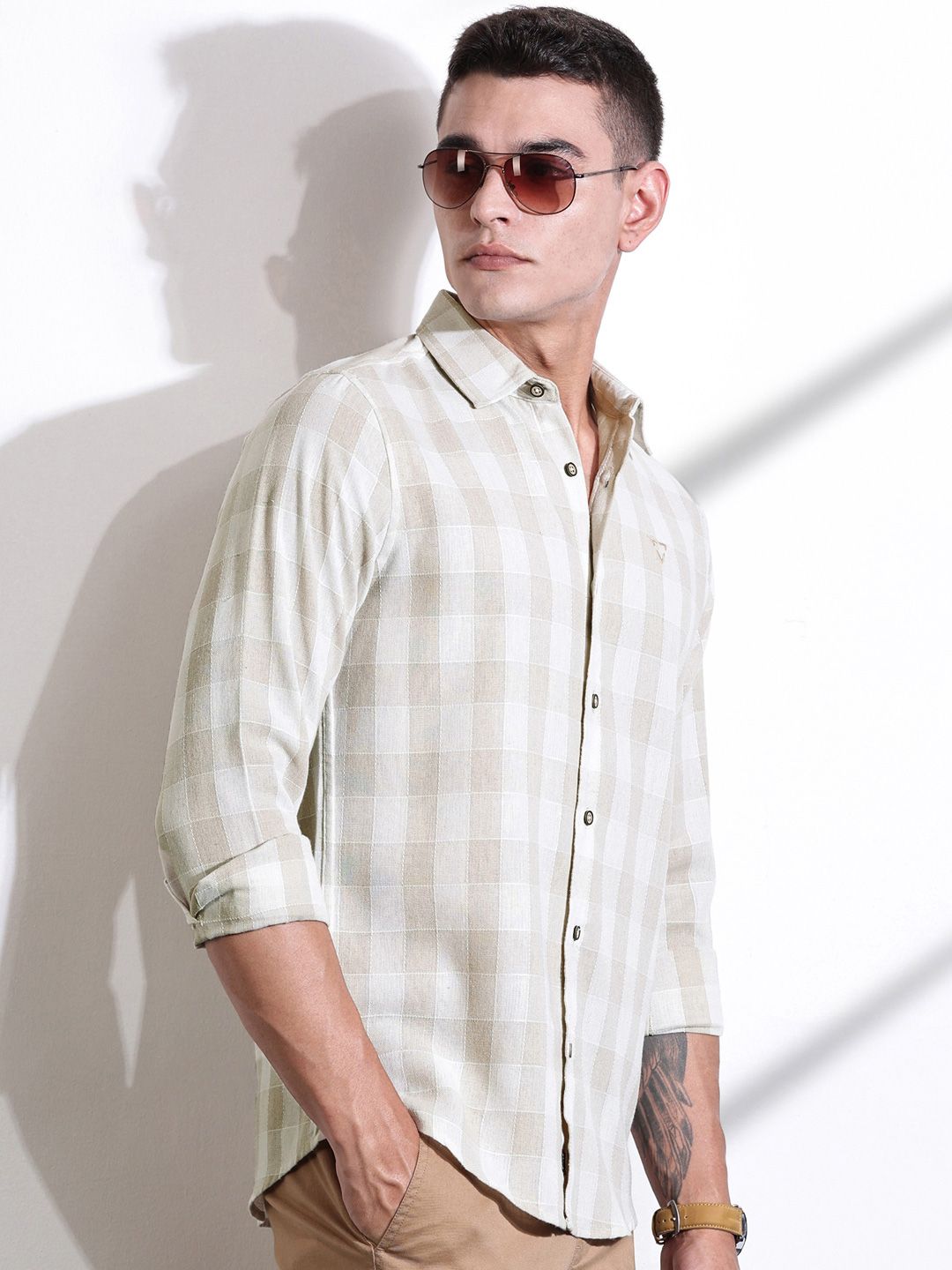 Thomas Scott Men Classic Slim Fit Spread Collar Windowpane Checked Cotton Casual Shirt
