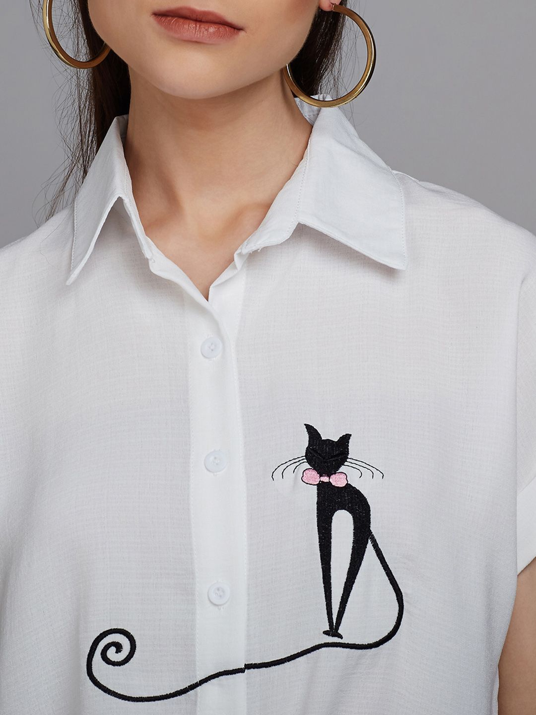 Berrylush Women White Casual Shirt with Embroidered Detail