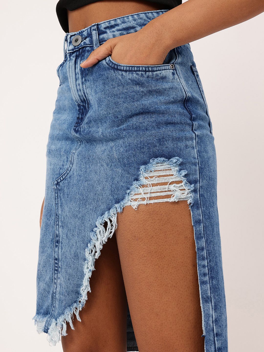 DressBerry Women Urban Edge High Rise Ripped Denim Faded Asymmetric A-Line Skirt