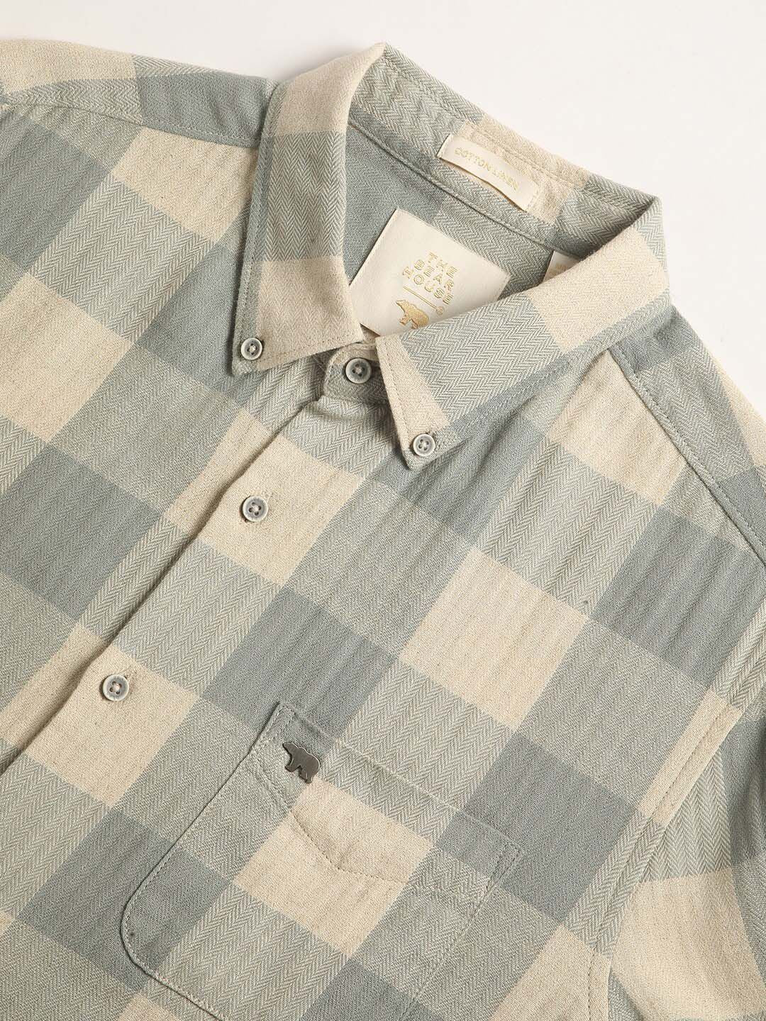 THE BEAR HOUSE Slim Fit Buffalo Checked Cotton Linen Casual Shirt
