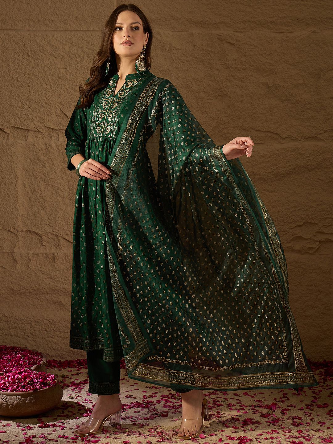 KALINI Floral Embroidered Empire Thread Work Kurta with Trousers & With Dupatta