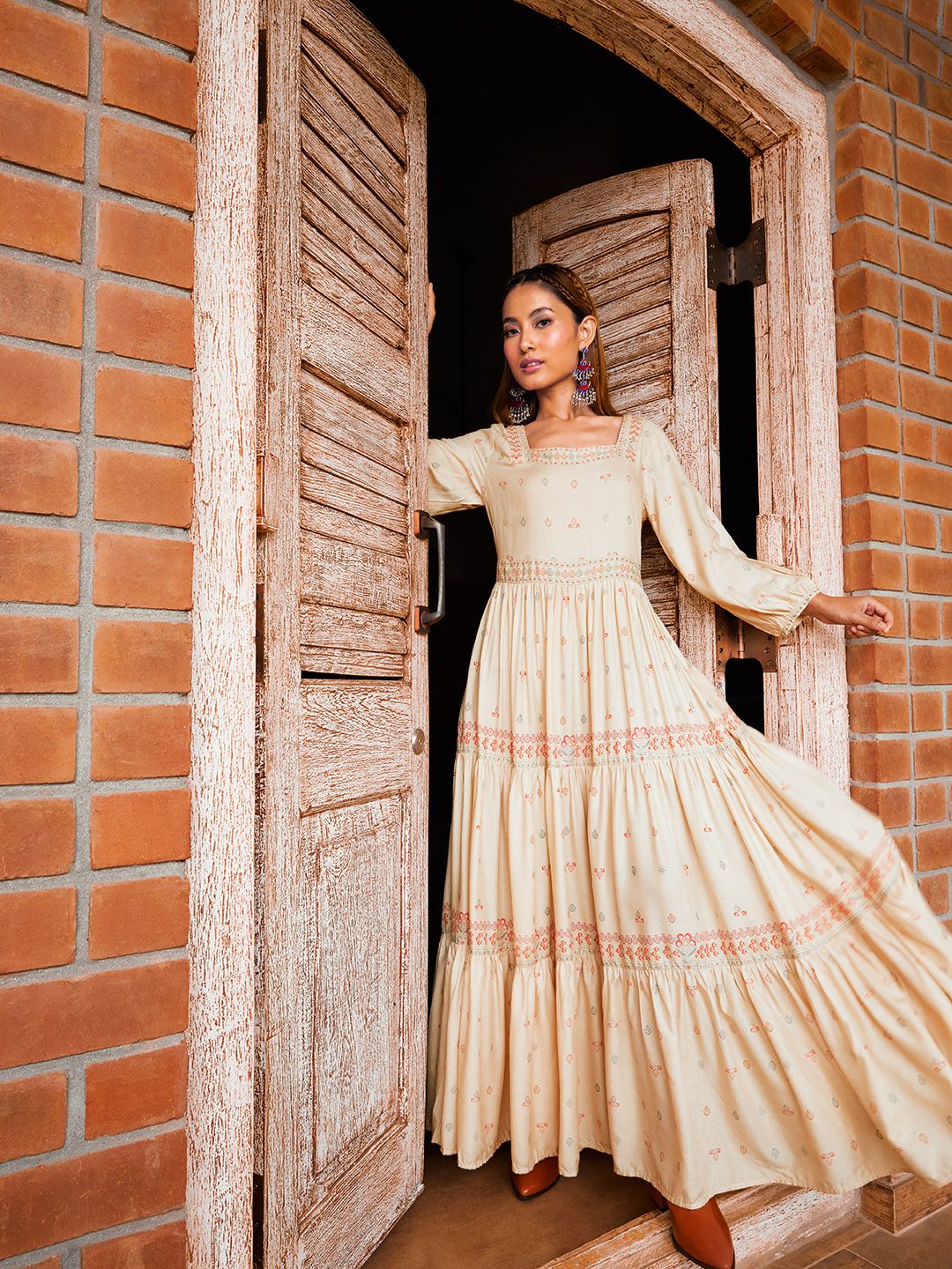 W Beige & Maroon Ethnic Motifs Maxi Dress