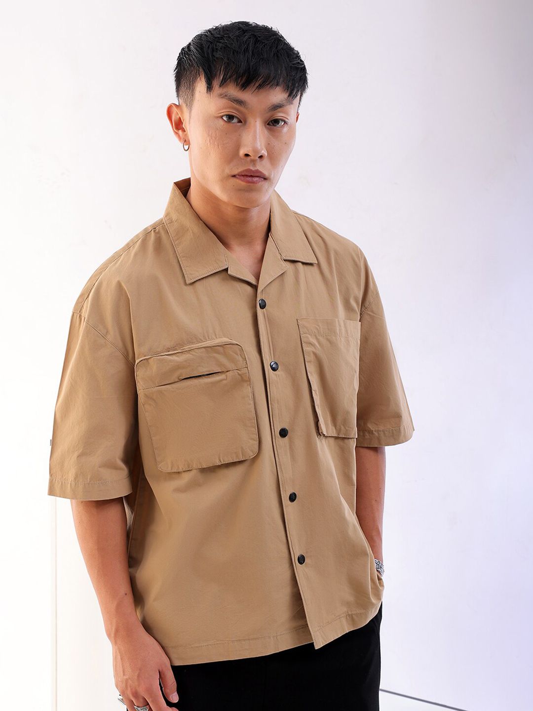 The Indian Garage Co Boxy Khaki Cuban Collar Cotton Casual Shirt