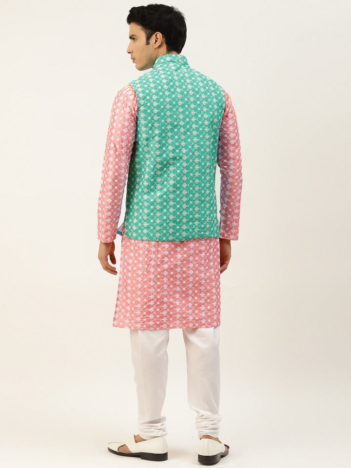 SOJANYA Kurta Kerja Benang Bersulam Merah Jambu & Putih dengan Jaket Churidar & Nehru
