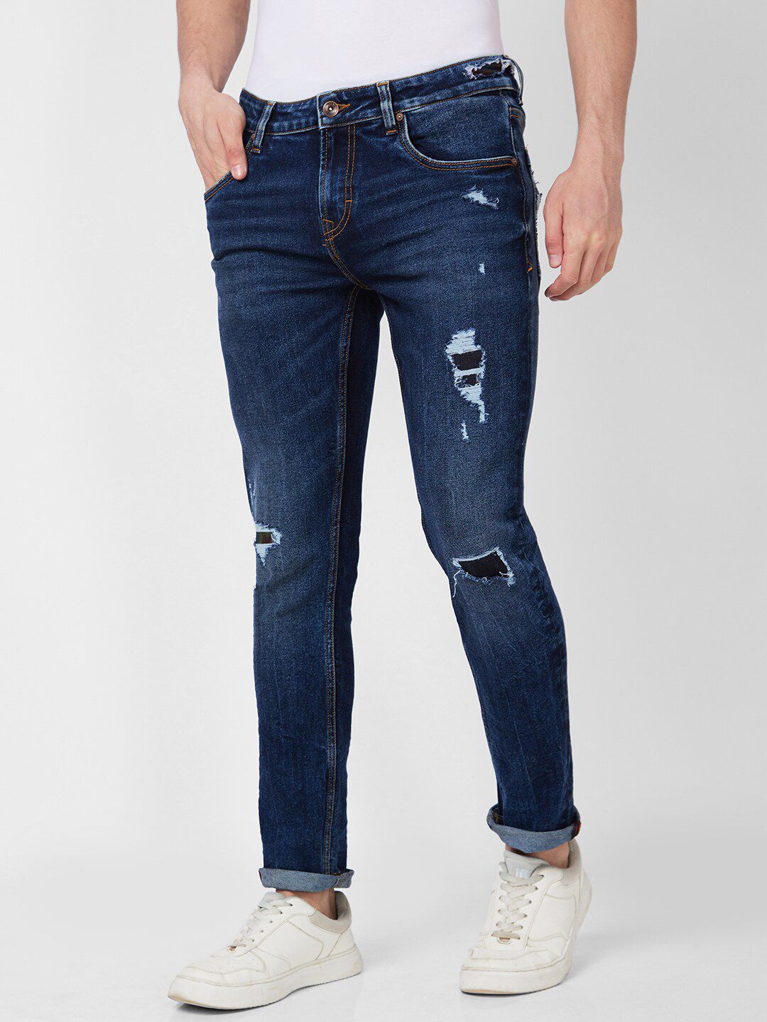 SPYKAR Men Skinny Fit Low-Rise Mildly Distressed Heavy Fade Jeans