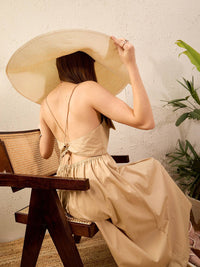 SASSAFRAS Beige Shoulder Straps Pure Cotton A-Line Midi Dress