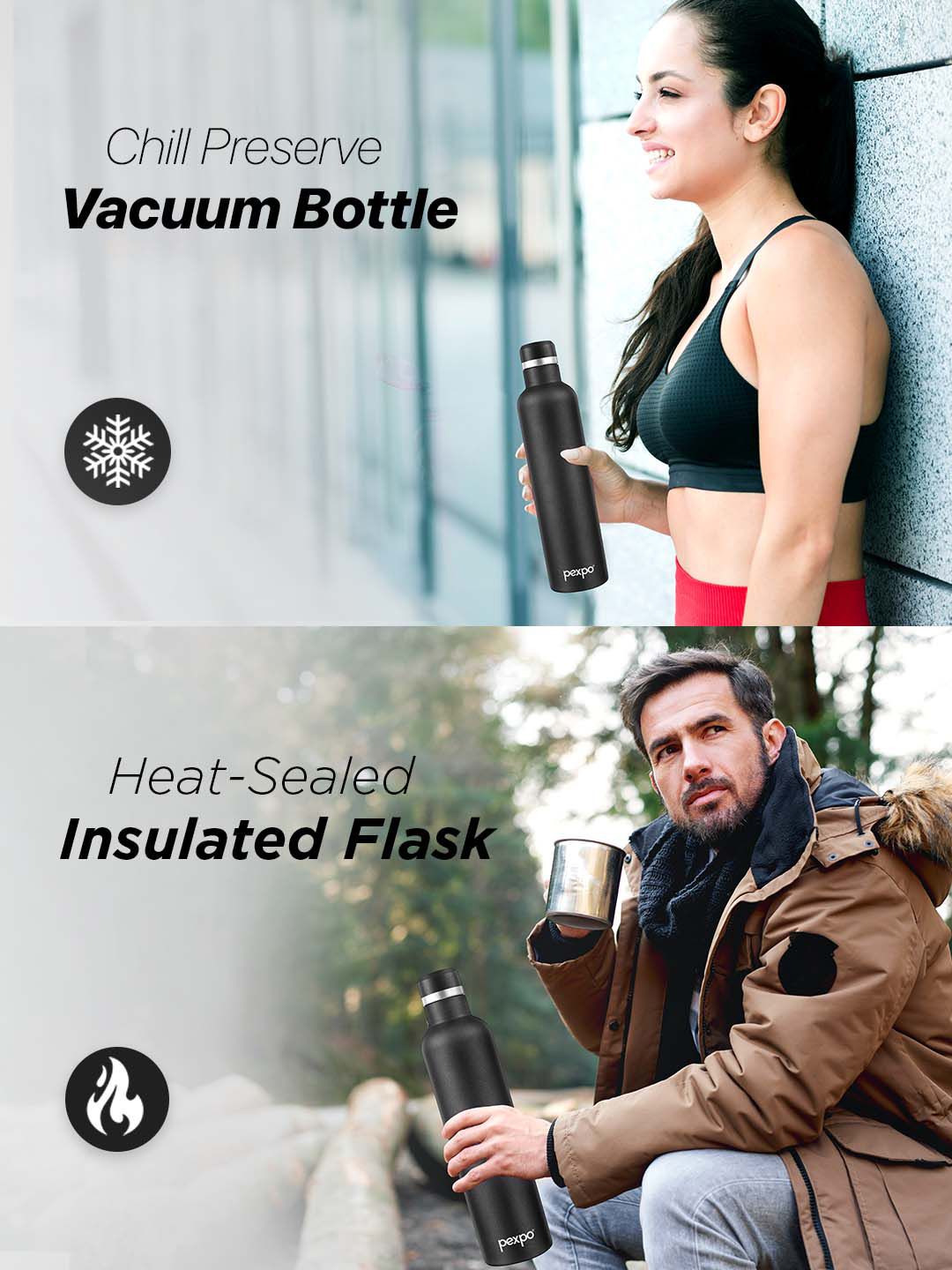 Pexpo Oreo Black Thermosteel ISI Certified 24 Hrs Hot Vacuum Flask Water Bottle 1000ml