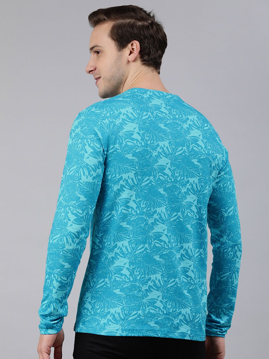 Urbano Fashion Men Turquoise Blue Floral Printed Tropical Slim Fit T-shirt