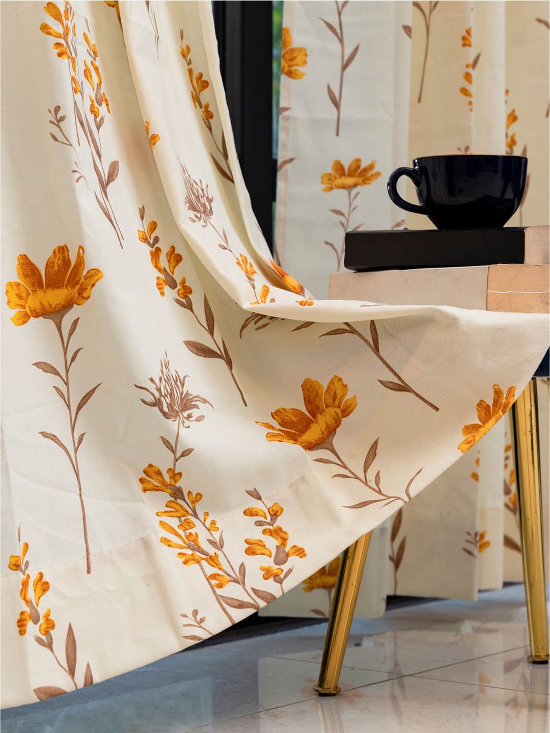 URBAN SPACE White & Yellow 2 Pieces Floral Printed Window Curtains