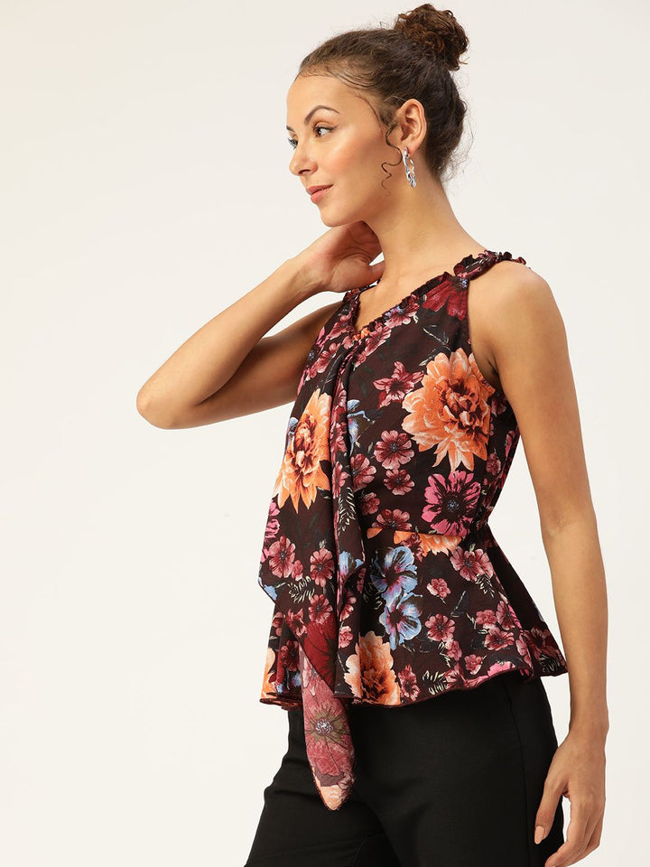 Antheaa Rust & Peach-Coloured Floral Print Ruffles Peplum Top