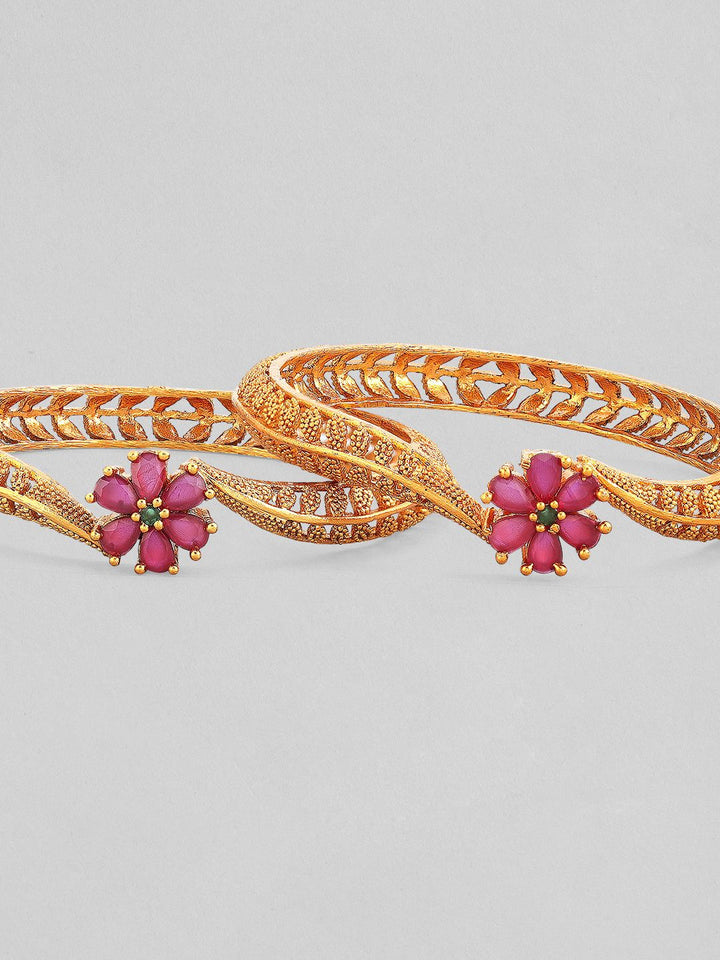 Rubans Set Of 2 24K Gold-Plated Ruby Pink Stone Floral Handcrafted Traditional Bangles