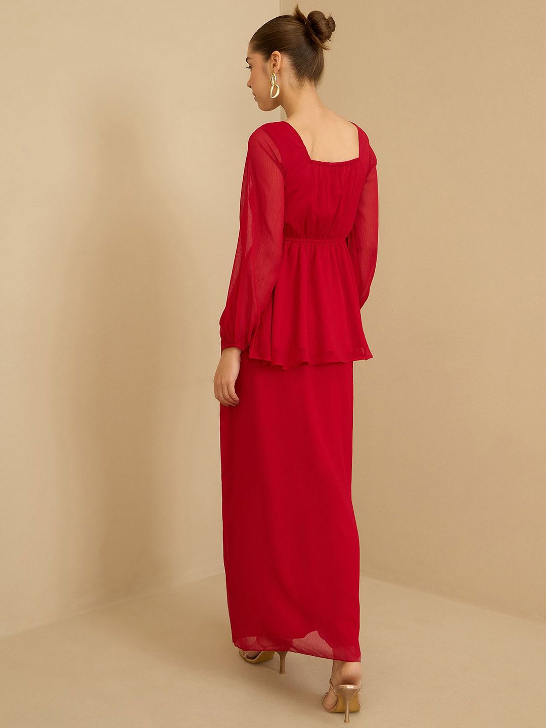 Antheaa Red Embellished Square Neck Top With Skirt