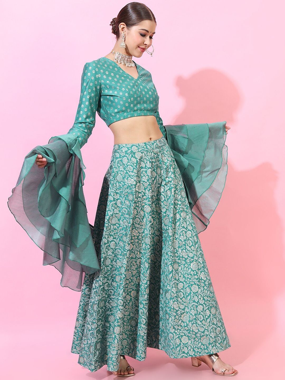 Vishudh Turquoise Blue & Off White  Foil Print Ready to Wear Lehenga & Blouse With Dupatta