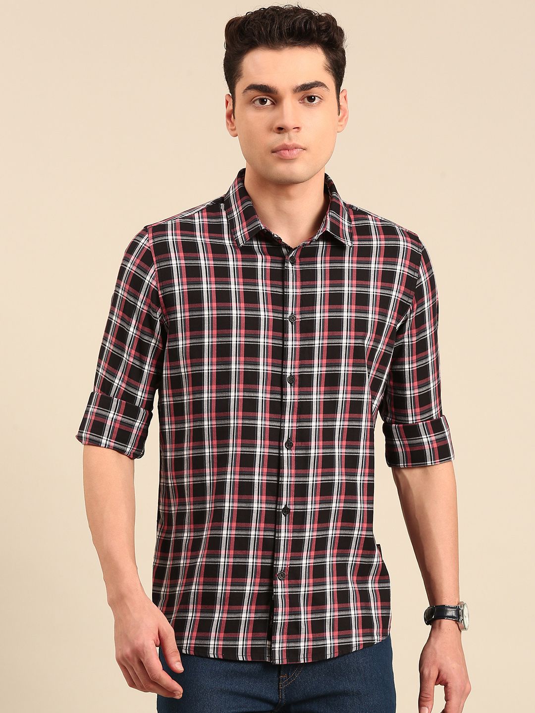 Being Human Pure Cotton Slim Fit Opaque Checked Casual Shirt