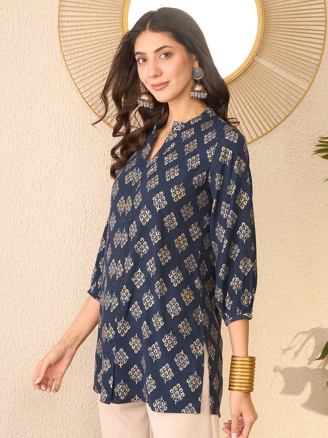 KALINI Floral Print Mandarin Collar Top