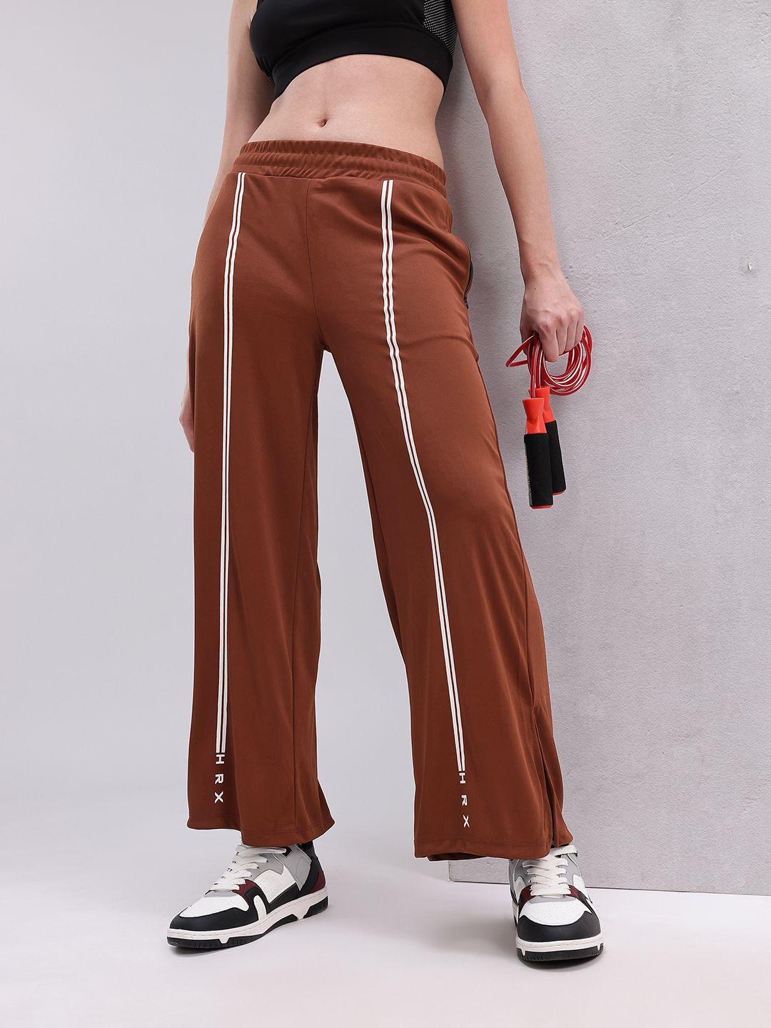 HRX by Hrithik Roshan Women Striped Mid-Rise Wide Leg Training Track pants with Side Slits