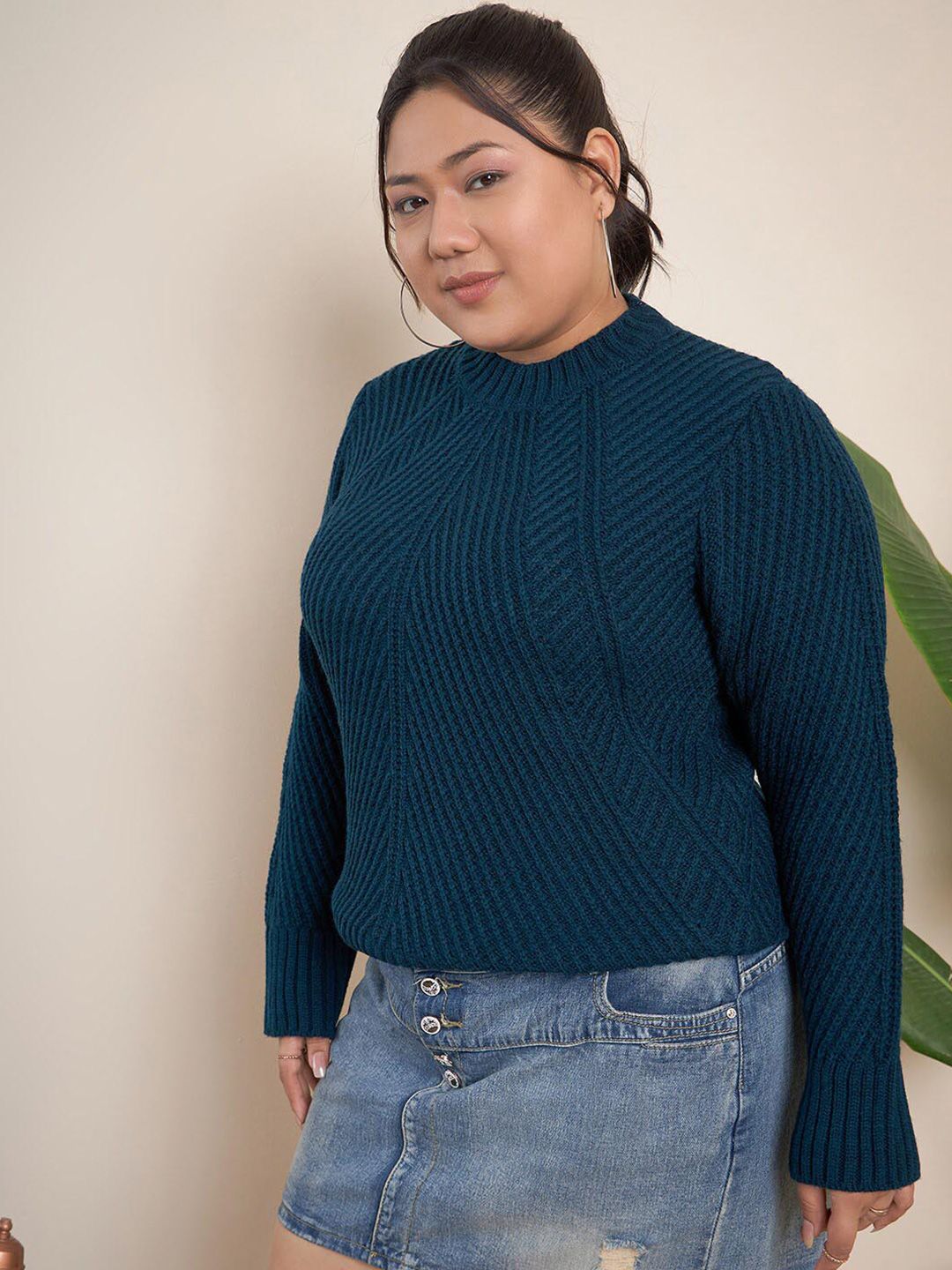 CURVY STREET Plus Size Cable Knit Self Design Acrylic Pullover