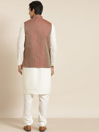 SOJANYA Lelaki Kurta Kapas Tulen Chikankari Berwarna Krim dengan Jaket Churidar & Nehru
