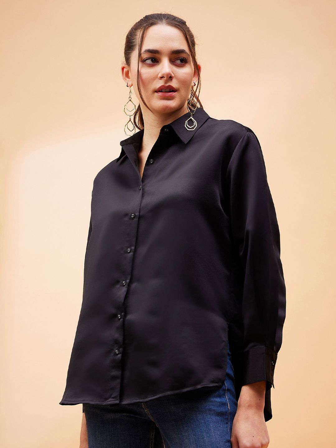 SASSAFRAS BASICS Spread Collar Long Sleeves Satin Comfort Oversized Casual Shirt