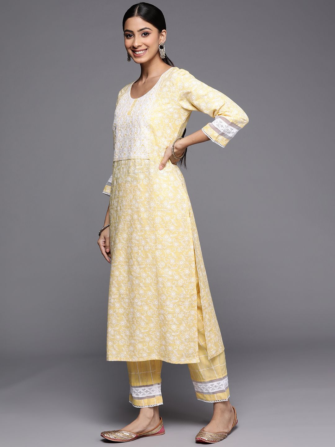 Indo Era Women Yellow Embroidered Thread Work Kurta with Trousers & Dupatta