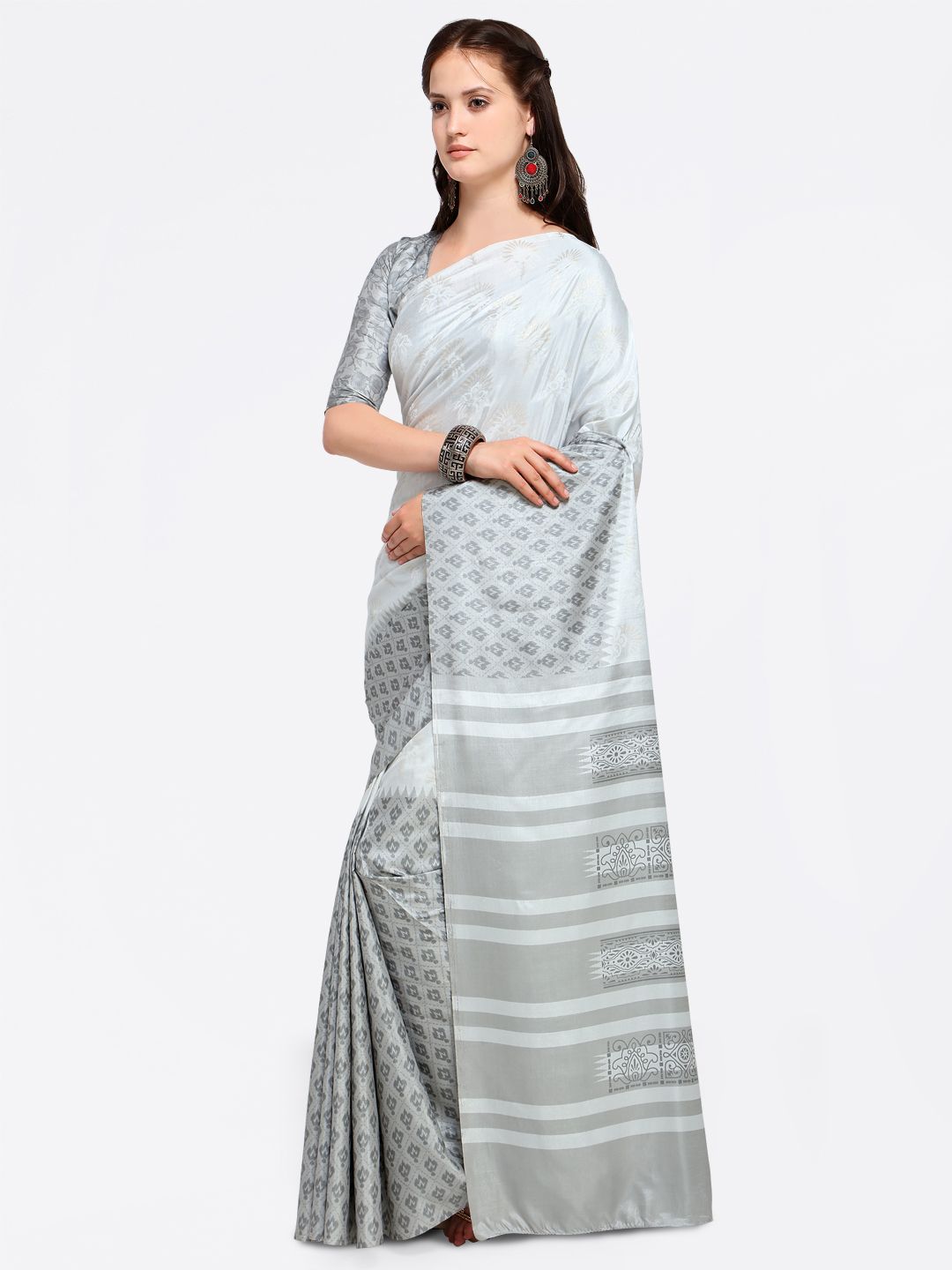 Saree mall Grey Printed Silk Blend Saree