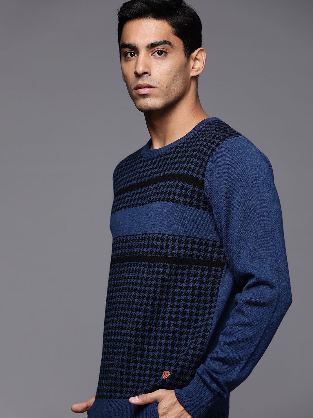 Raymond Men Blue & Black Houndstooth Sweater