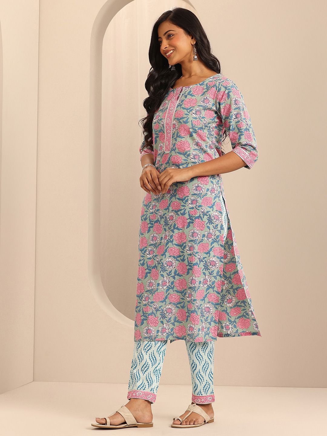 Libas Printed Regular Gotta Patti Pure Cotton Straight Kurta with Trousers & Dupatta