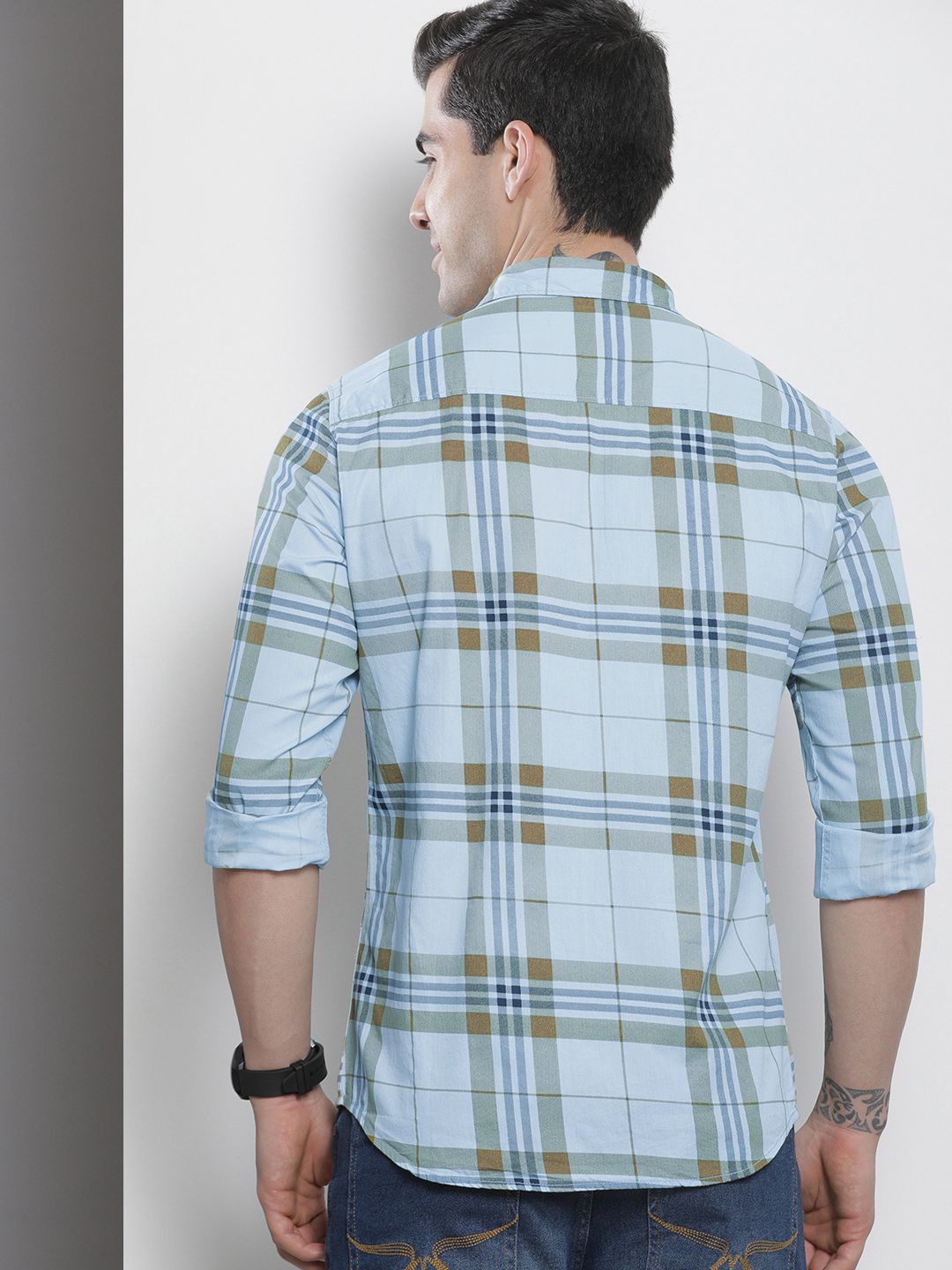 The Indian Garage Co Men Blue & Mustard Brown Checked Pure Cotton Casual Shirt