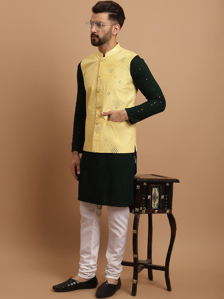 SOJANYA Ethnic Embroidered Sequinned Pure Cotton Kurta & Churidar With Nehru Jacket