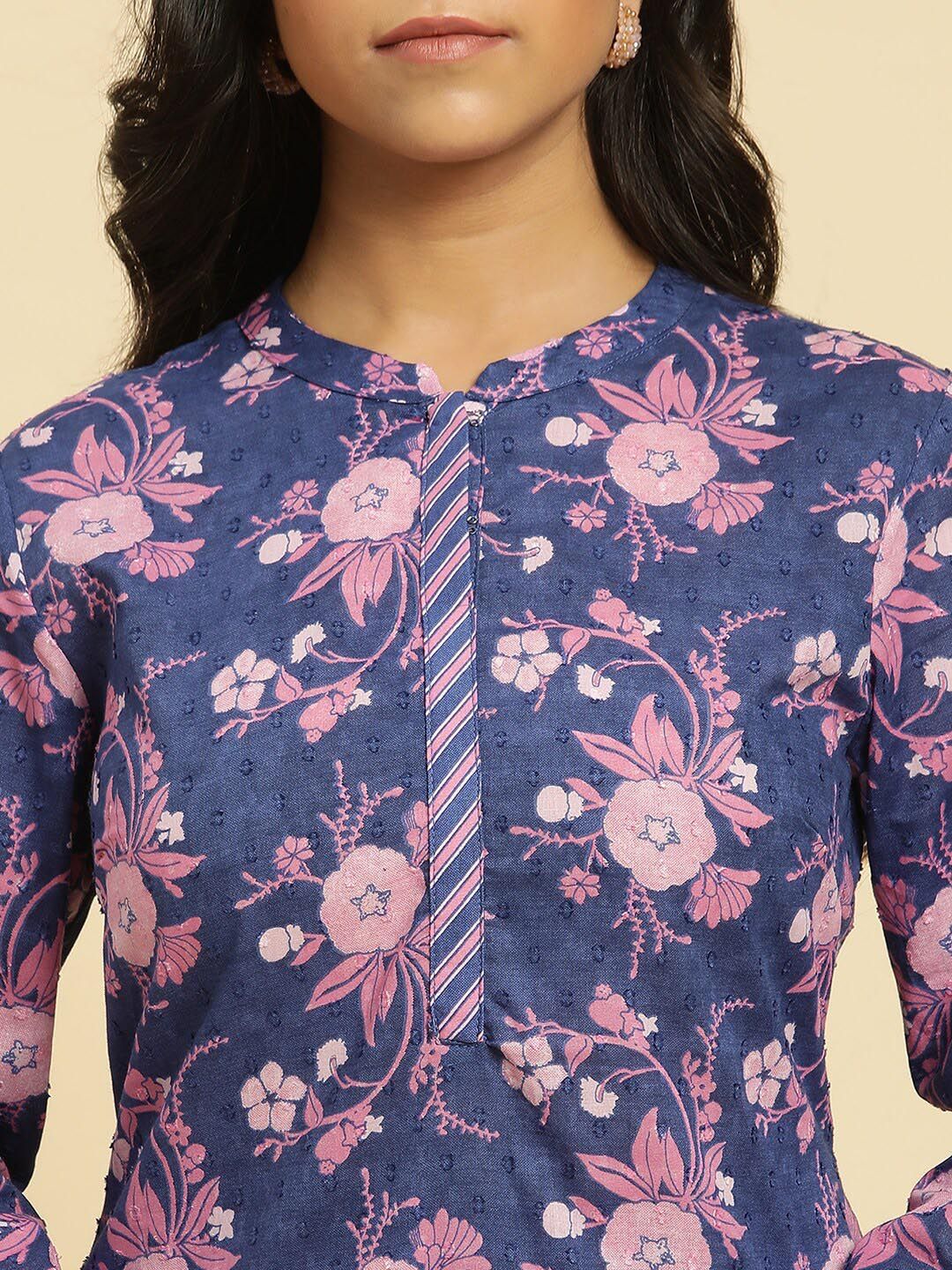 W Floral Printed Straight Pure Cotton Kurta with Trouser