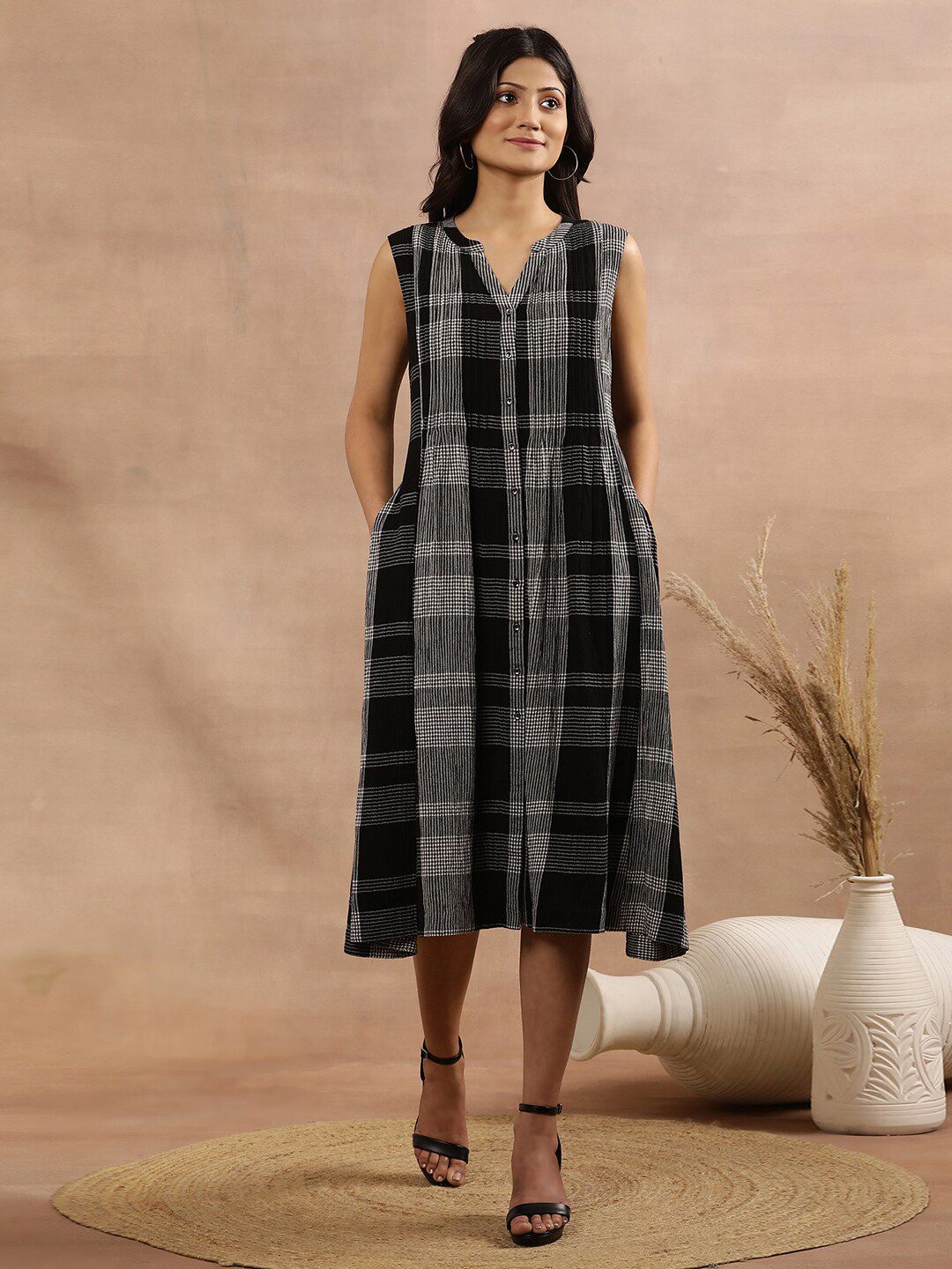 W Checked Mandarin Collar A-Line Midi Dress