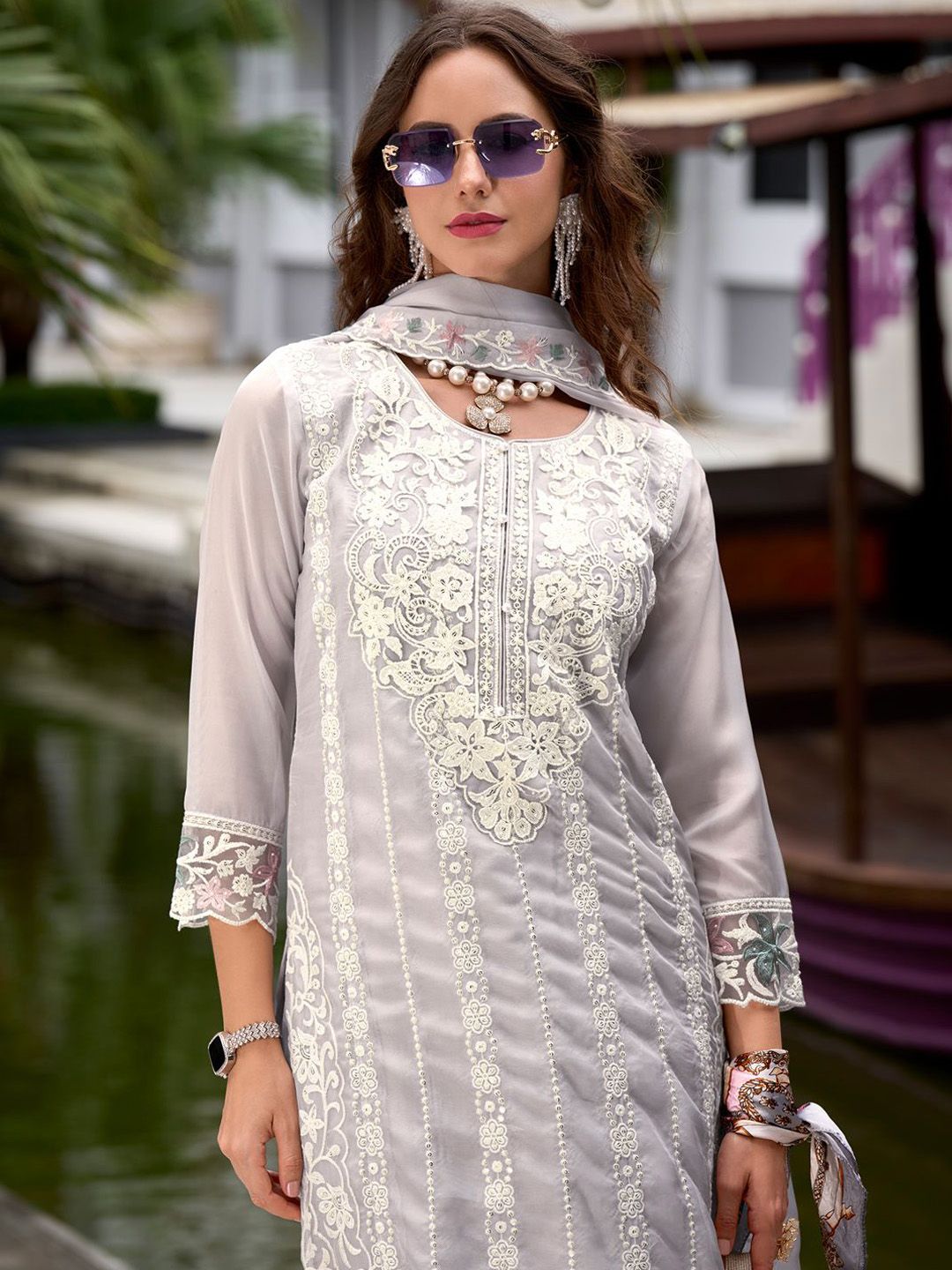 Indo Era Floral Embroidered Sequinned Straight Kurta with Trouser & Dupatta