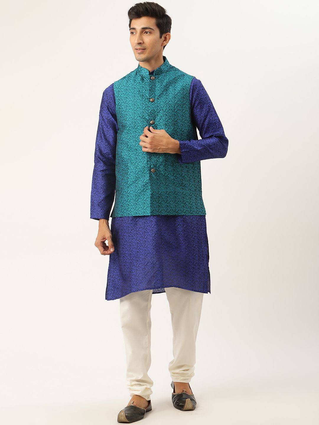 SOJANYA Men Blue Jacquard Silk Kurta with Churidar & Nehru Jacket