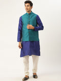 SOJANYA Men Blue Jacquard Silk Kurta with Churidar & Nehru Jacket