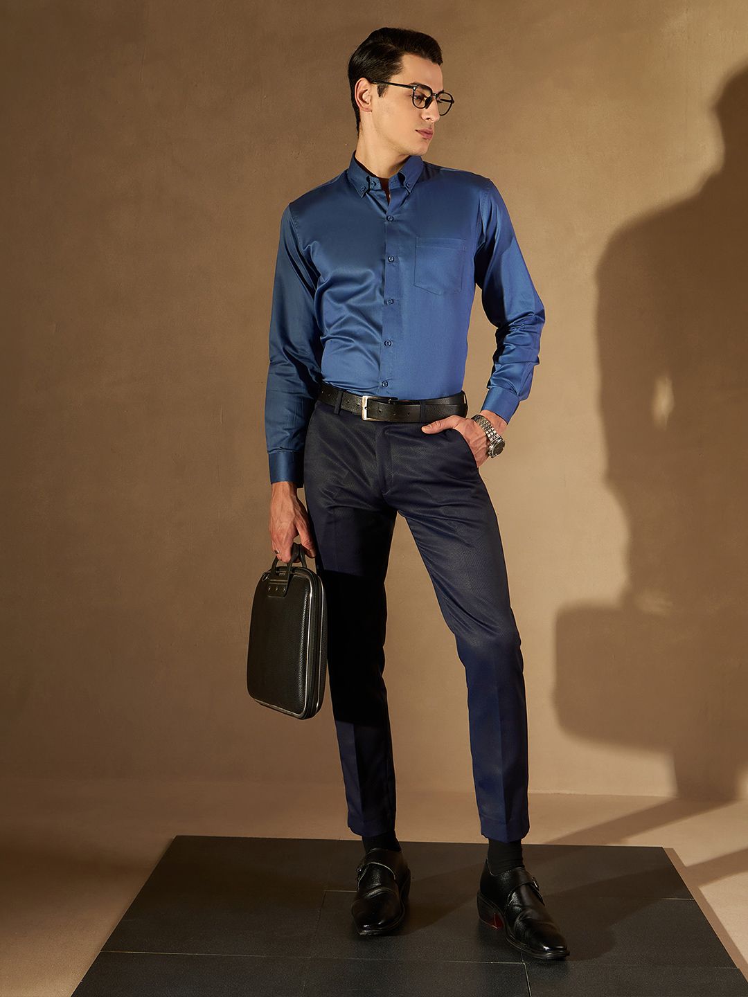 DENNISON Men Navy Blue Smart Tapered Fit Self Design Regular Trousers