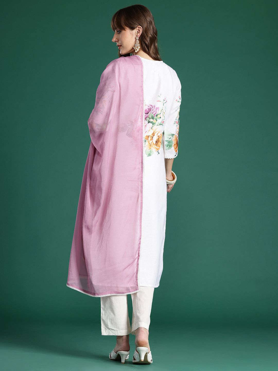 Indo Era Floral Printed Beads and Stones Linen Kurta with Trousers & With Dupatta