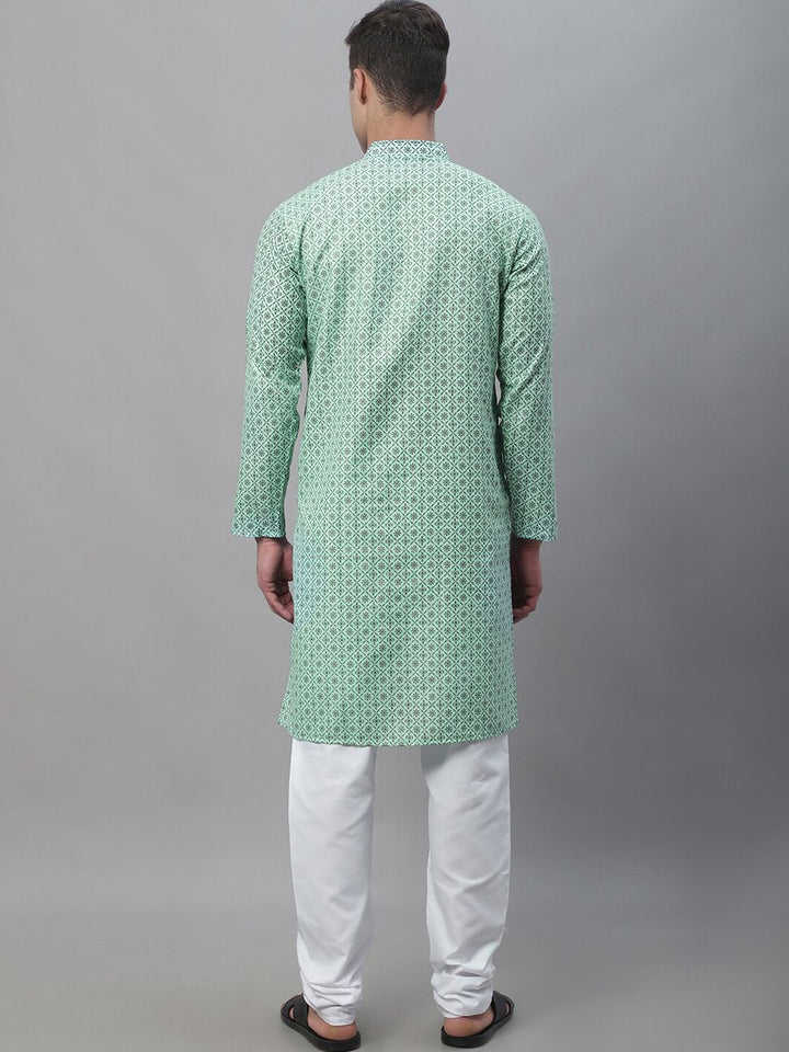 SOJANYA Lelaki Motif Etnik Hijau Laut Bercetak Kurta Biasa dengan Churidar