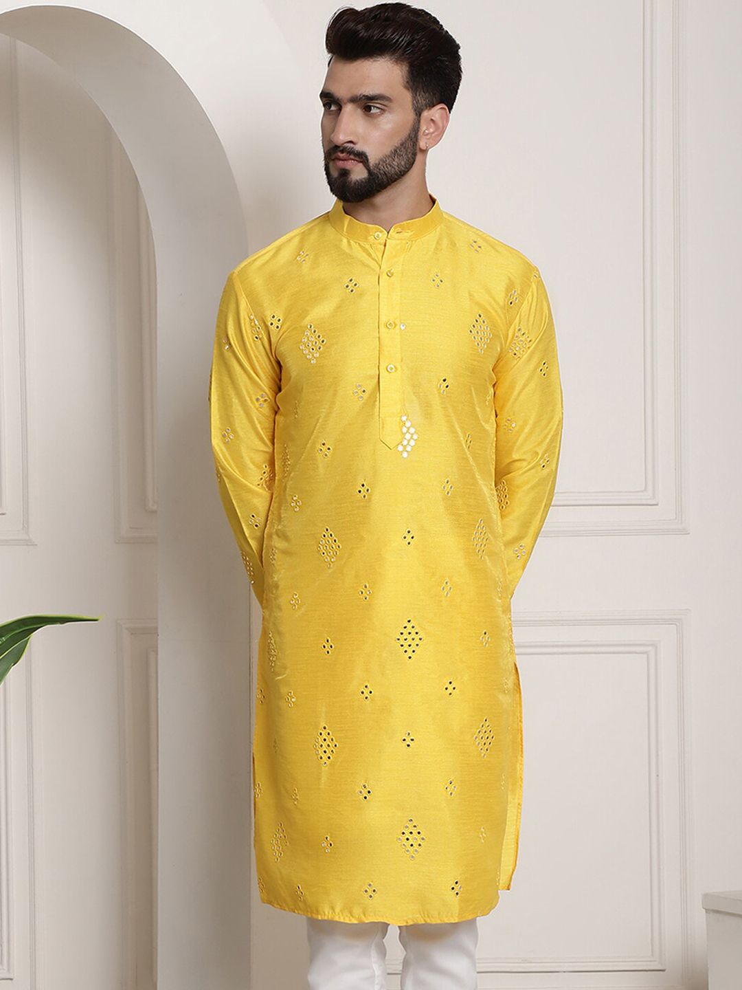 SOJANYA Embellished Mirror Work Detailed Band Collar Cotton Silk Kurta
